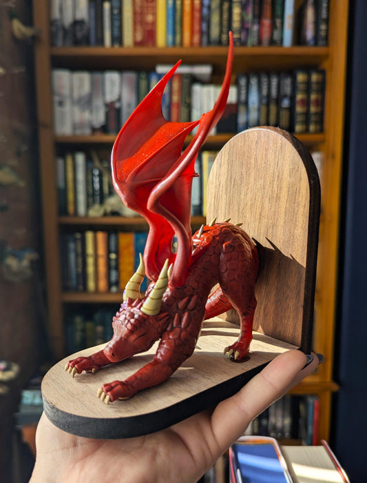 RED Dragon Bookends | Cute Stretching Dragon Figures on Black Walnut Wood Bases | Fantasy Book Ends for Shelves & Book Lovers