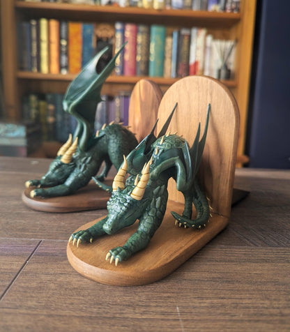 GREEN Dragon Bookends | Cute Stretching Dragon Figures on Black Walnut Wood Bases | Fantasy Book Ends for Shelves & Book Lovers