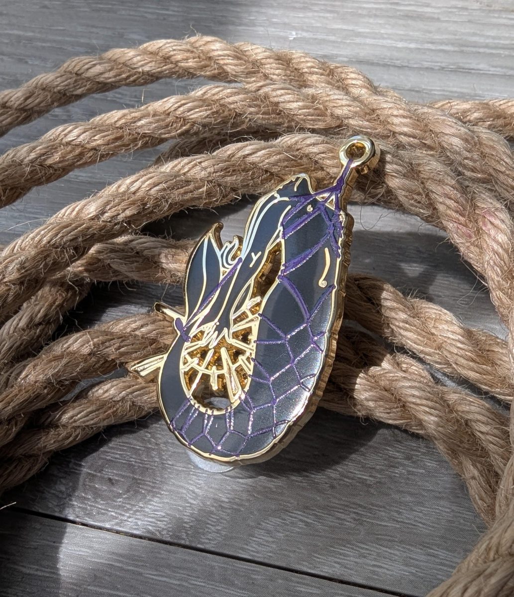 Fishermans Folly Shibari enamel pin, rope label badge
