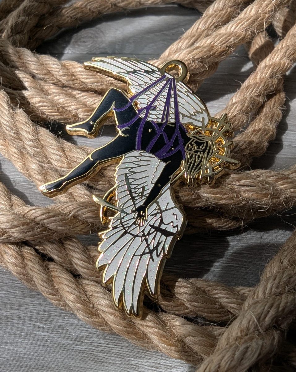 Fall From Grace Shibari enamel pin, rope label badge