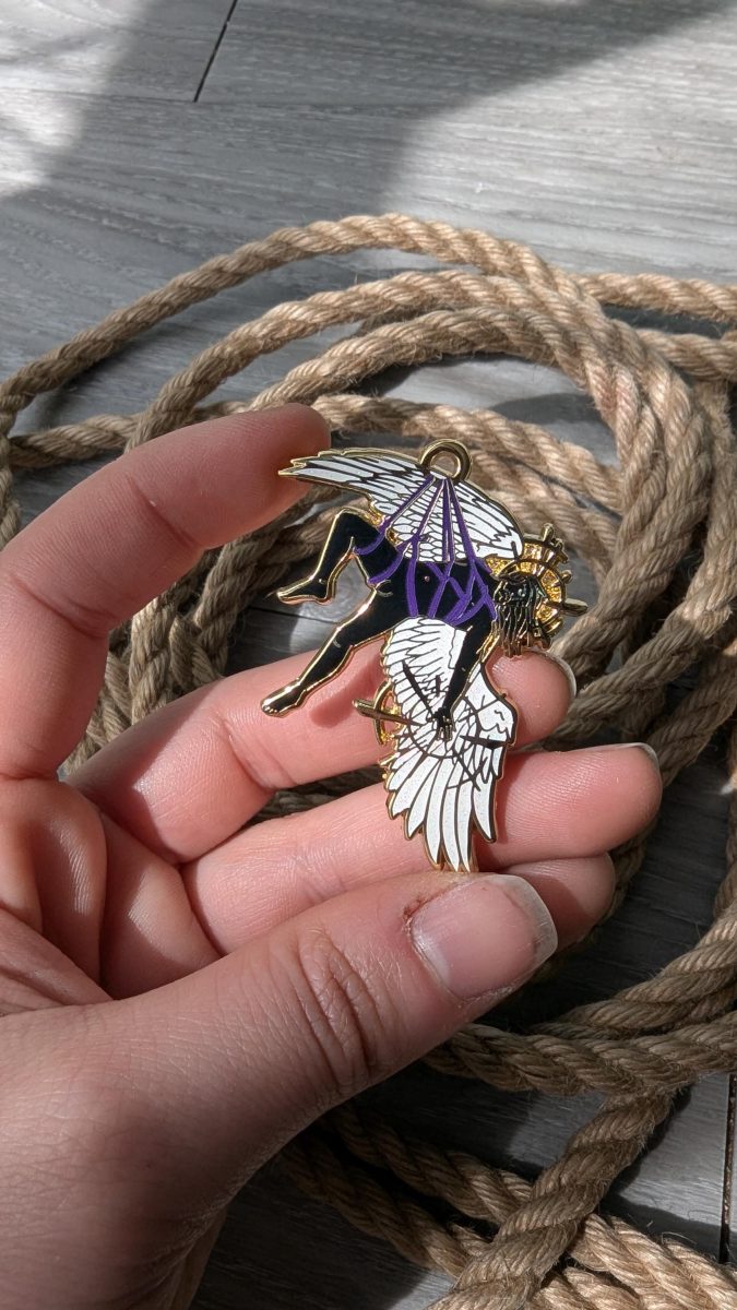 Fall From Grace Shibari enamel pin, rope label badge