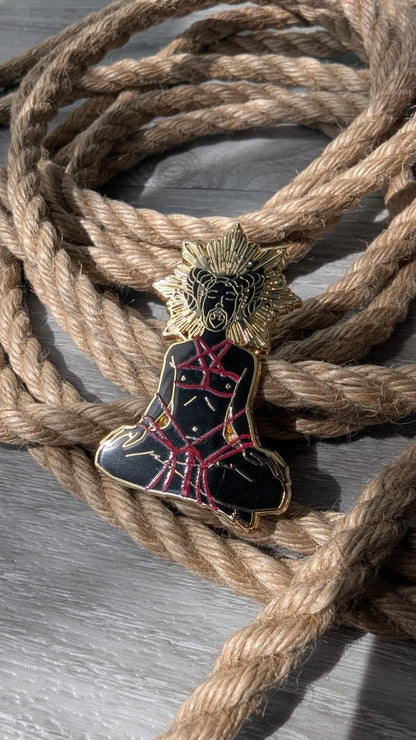 the Summoning Shibari enamel pin, rope label badge