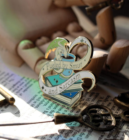 Smut and Sarcasm bookish enamel pin, book lover badge