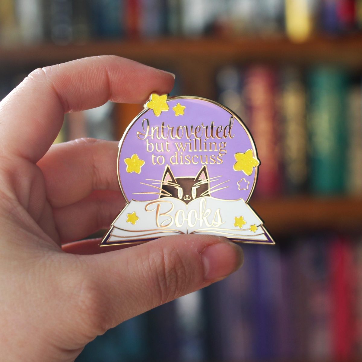 introverted but willing to discuss books bookish enamel pin, book lover badge