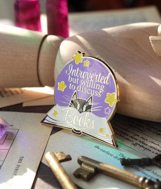 introverted but willing to discuss books bookish enamel pin, book lover badge