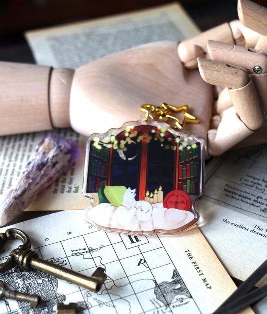 cozy romance window acrylic stained glass keychain, cat lover keyring