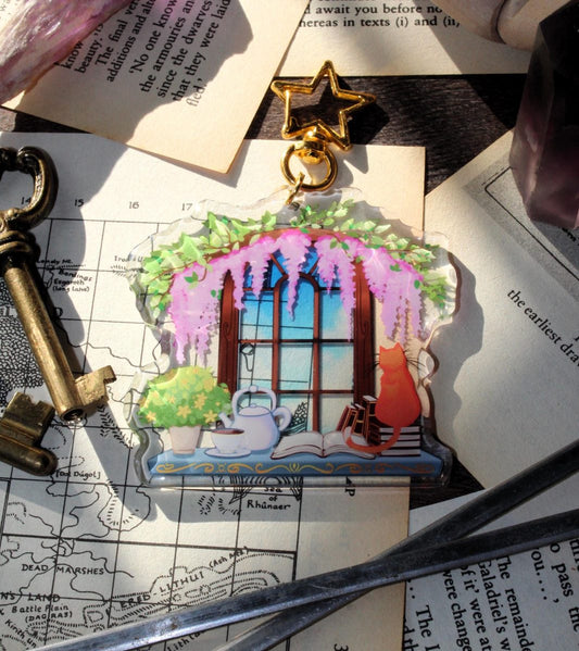 historical romance reader window acrylic stained glass keychain