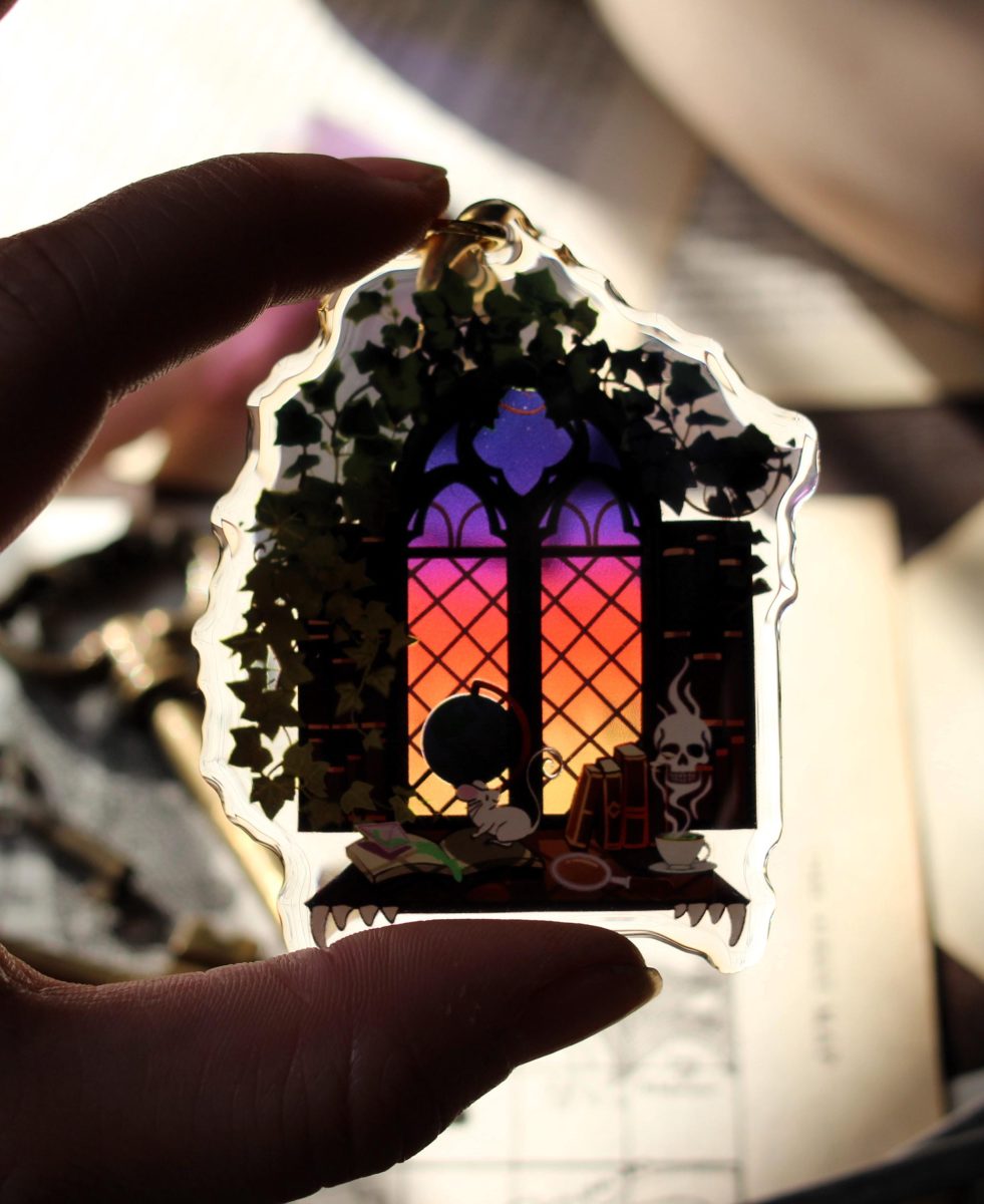 dark academia reader window acrylic stained glass keychain