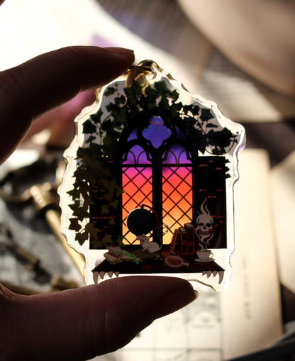 dark academia reader window acrylic stained glass keychain