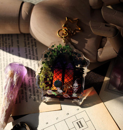 dark academia reader window acrylic stained glass keychain