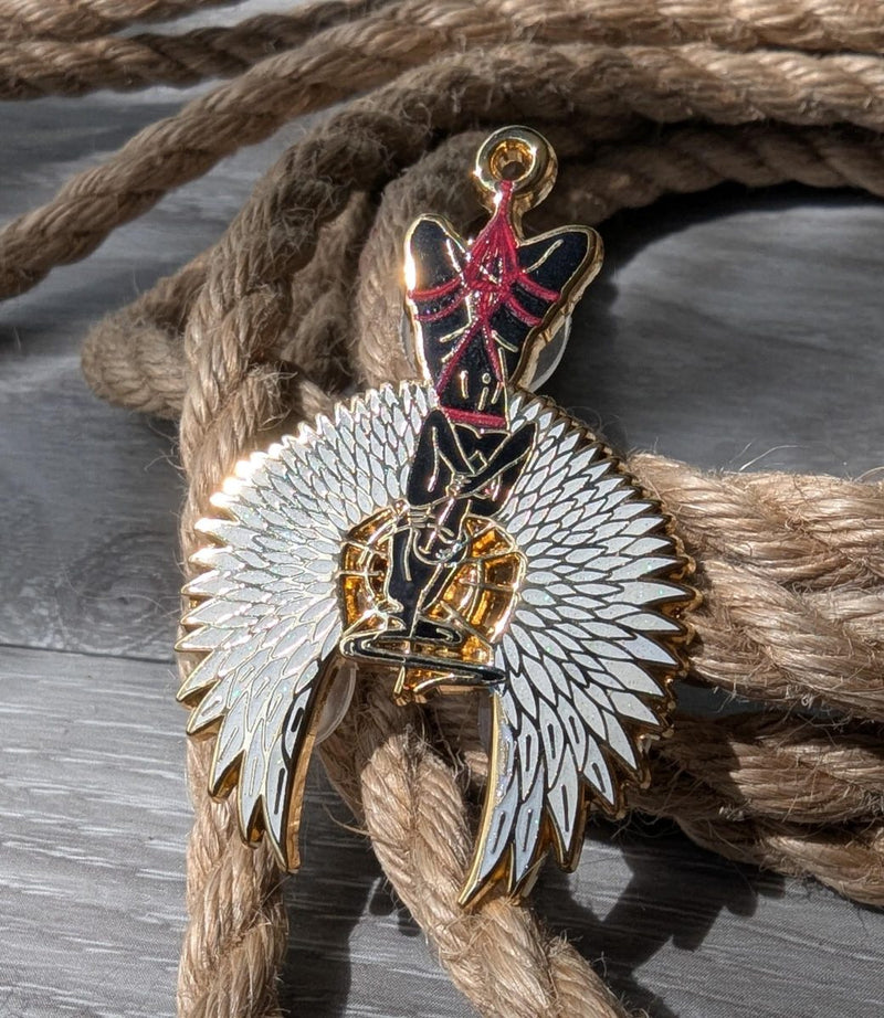 Divine Suspension Shibari enamel pin, rope label badge