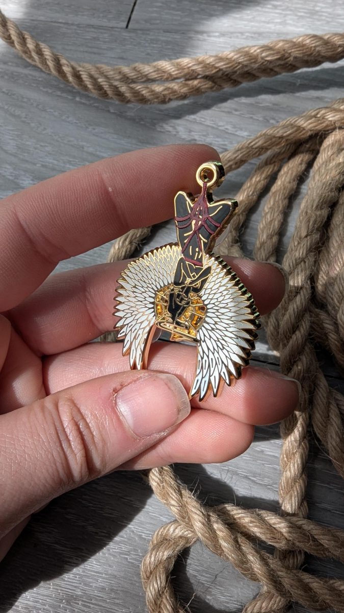 Divine Suspension Shibari enamel pin, rope label badge