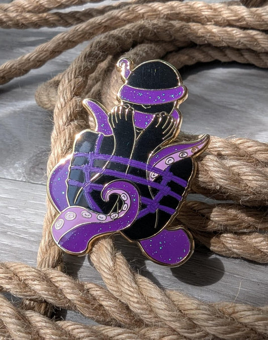 Grasping binds Shibari enamel pin, rope label badge