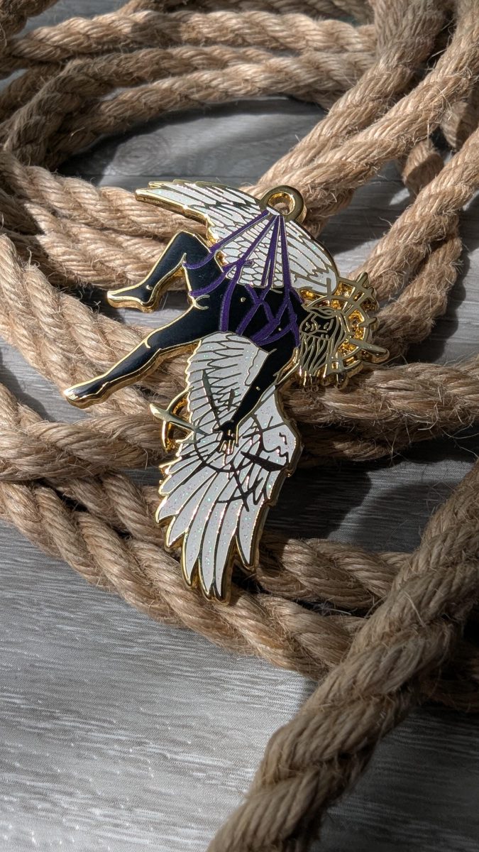 Fall From Grace Shibari enamel pin, rope label badge