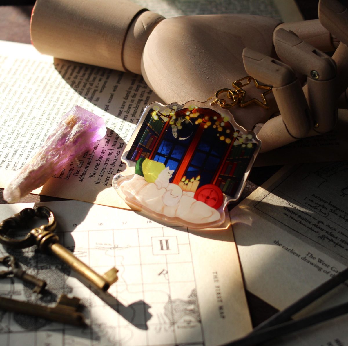 cozy romance window acrylic stained glass keychain, cat lover keyring