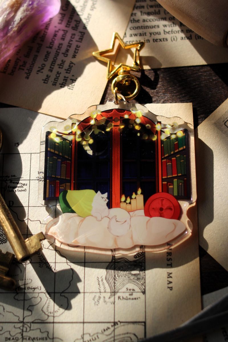 cozy romance window acrylic stained glass keychain, cat lover keyring