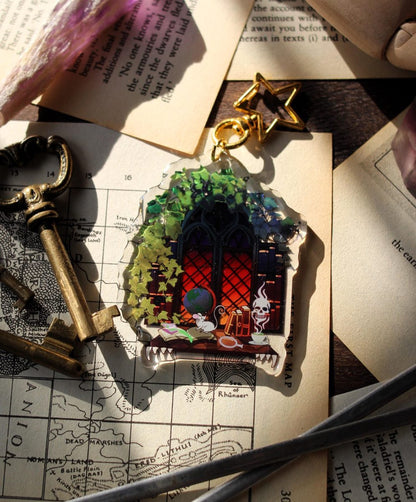 dark academia reader window acrylic stained glass keychain