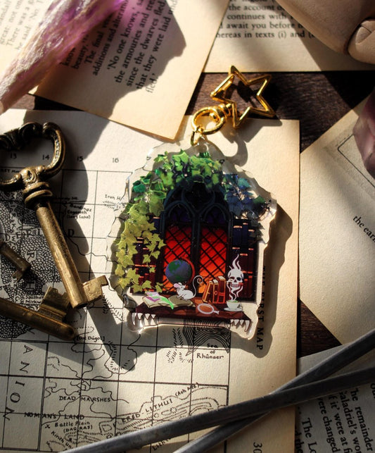 dark academia reader window acrylic stained glass keychain